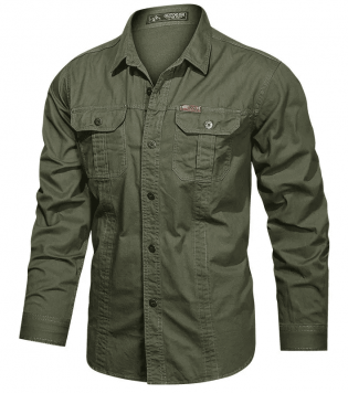 قميص جينز رجالي قطني بنمط عسكري بأكمام طويلة – تصميم عصري مقاس حتى 5XL