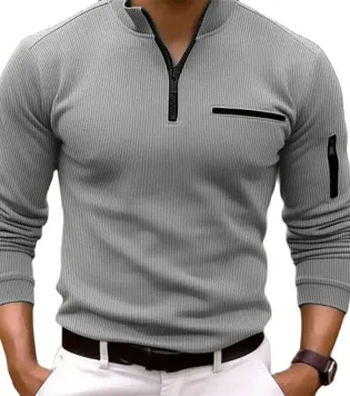 تي شيرت رجالي رياضي ترفيهي بأكمام طويلة – بسحاب للذراع وجيب مخطط، بلون واحد، مناسب للربيع والخريف