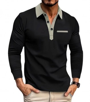 تيشيرت بولو رجالي طويل الأكمام – تيشرت كلاسيكي كاجوال للأعمال، بياقة لابيل، مقاسات كبيرة، ربيع وخريف