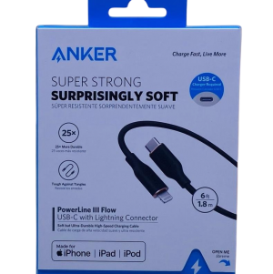 كابل أنكر باورلاين III فلو USB-C إلى لايتنينج (1.8 متر / 6 قدم) – كابل شحن سريع PD من السيليكون الناعم جدًا لأجهزة الآيفون/آيباد