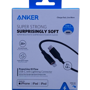 كابل أنكر باورلاين III فلو USB-C إلى لايتنينج (1.8 متر / 6 قدم) – كابل شحن سريع PD من السيليكون الناعم جدًا لأجهزة الآيفون/آيباد